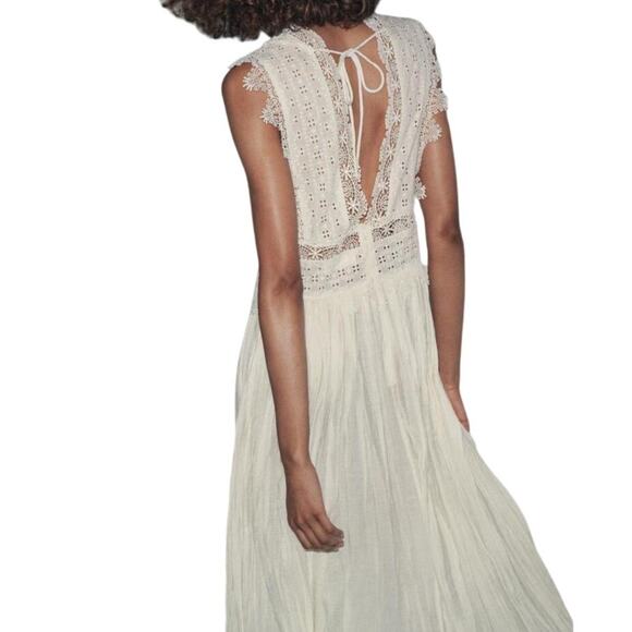Zara ZW Collection Lace Strap Midi Dress Cream V-Neck Open Back Size M NWT - Picture 2 of 7